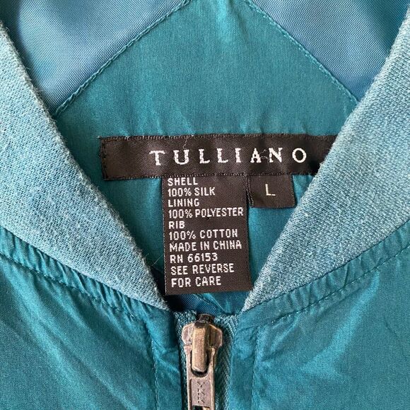 Tulliano men L 100% silk full zip mock collar longsleeve jacket teal green color - Picture 7 of 14